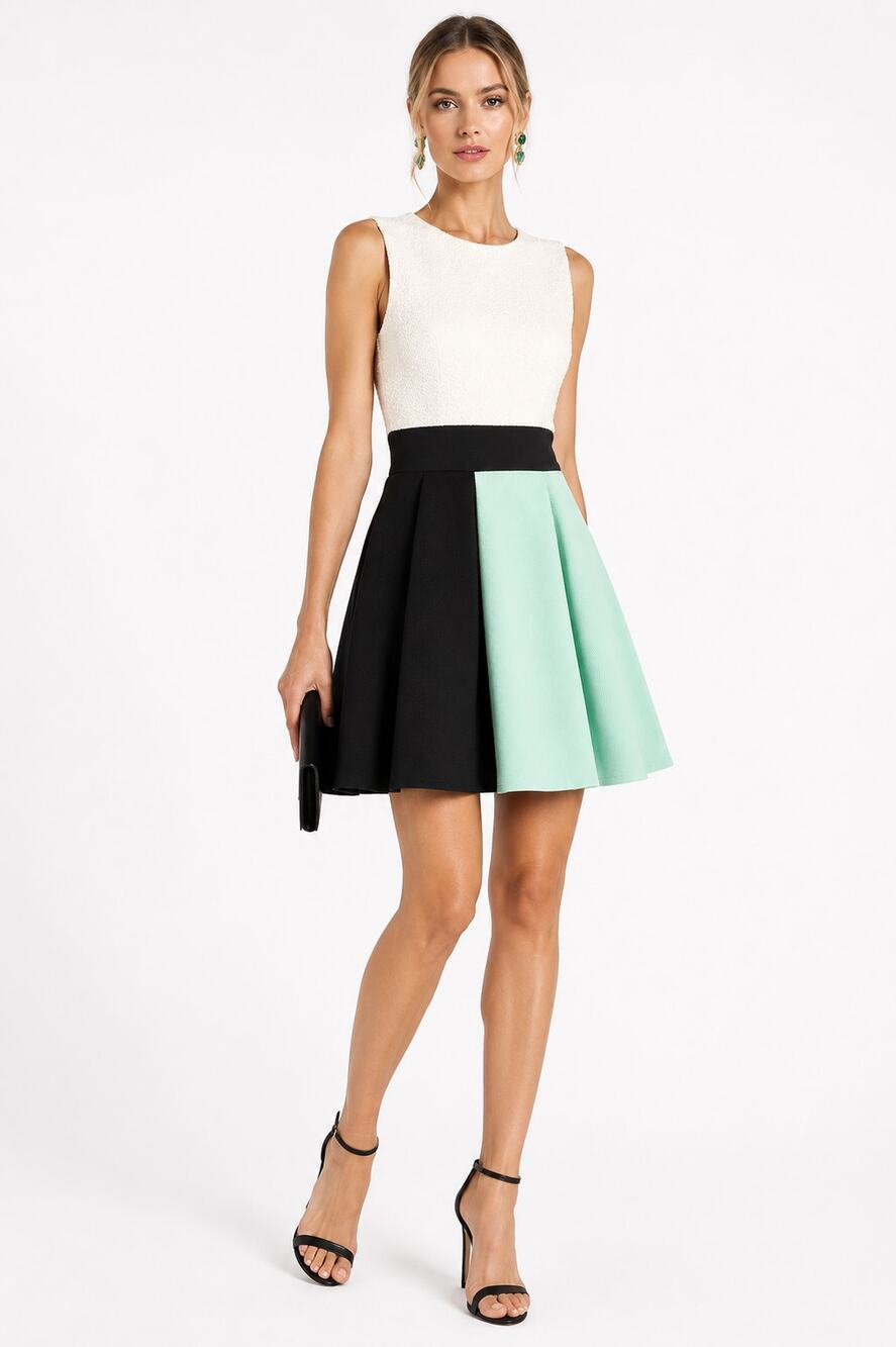 Fausto Puglisi Colorblock Dress Size 40 Ivory Black Mint Green Silk Blend Flare